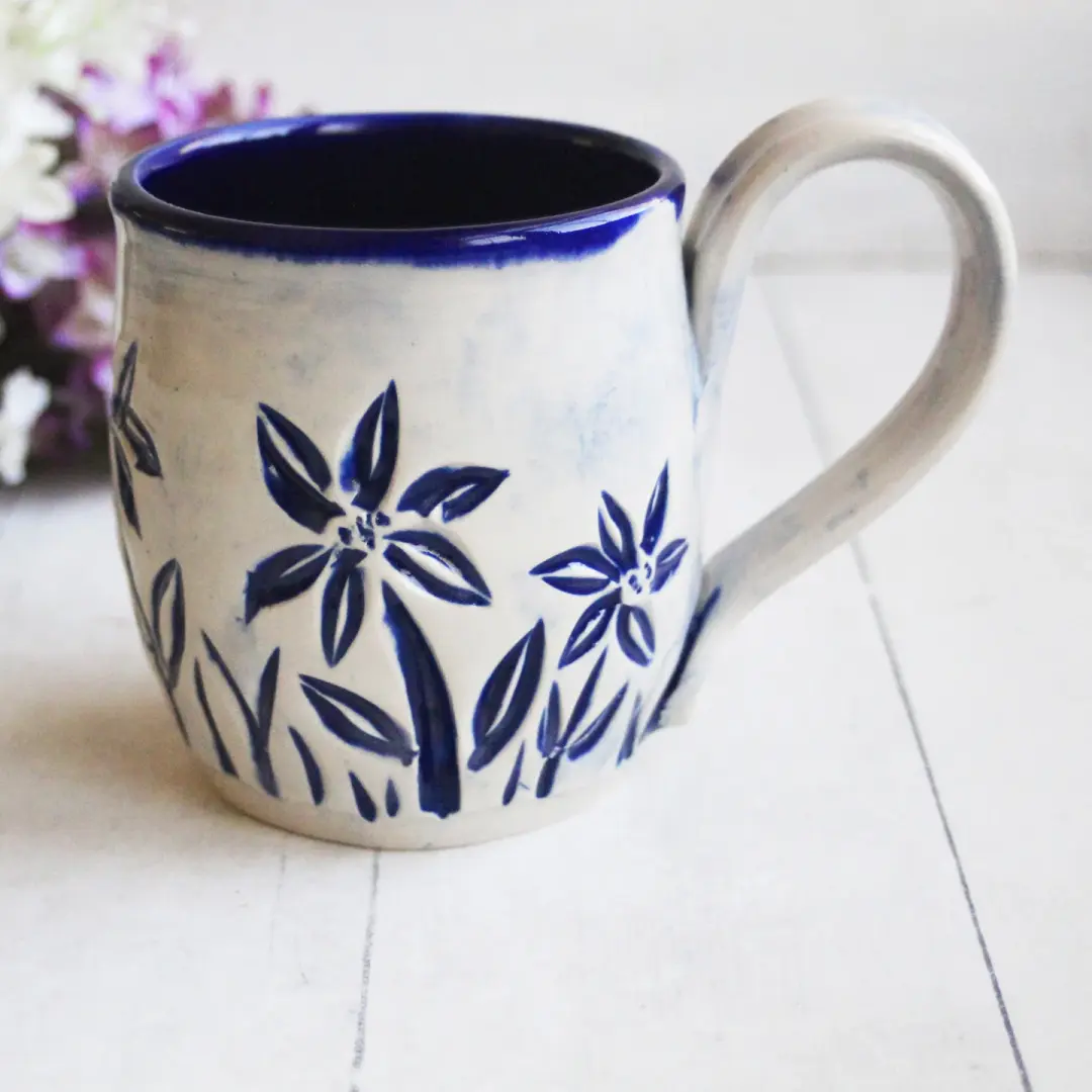 Spring Flowers Carved Coffee Cup, Gardeners Pottery Mug, Handmade in USA