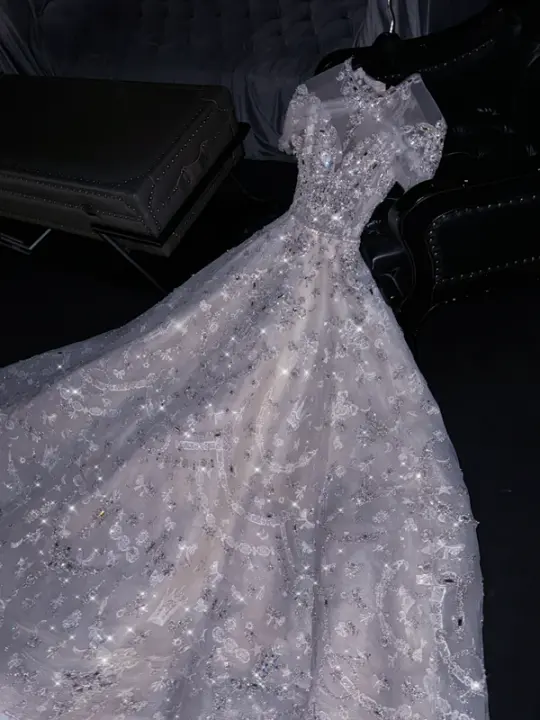 Silver sequined round neck fitted waist long ball gown/bridal dress R8772