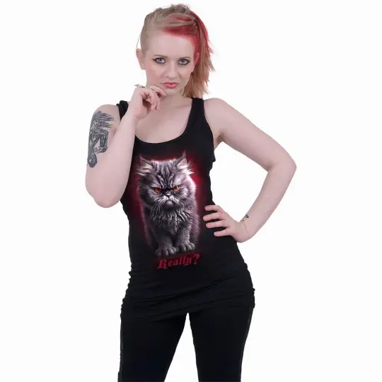 Angry Cat Razorback Tank Top - Anger Management Black Sleeveless Tee - Funny Cat Mom Shirt