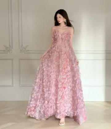 Elegant Pink Floral Prom Dress A-Line Sheer Straps Maxi Celebrity Dress RS709