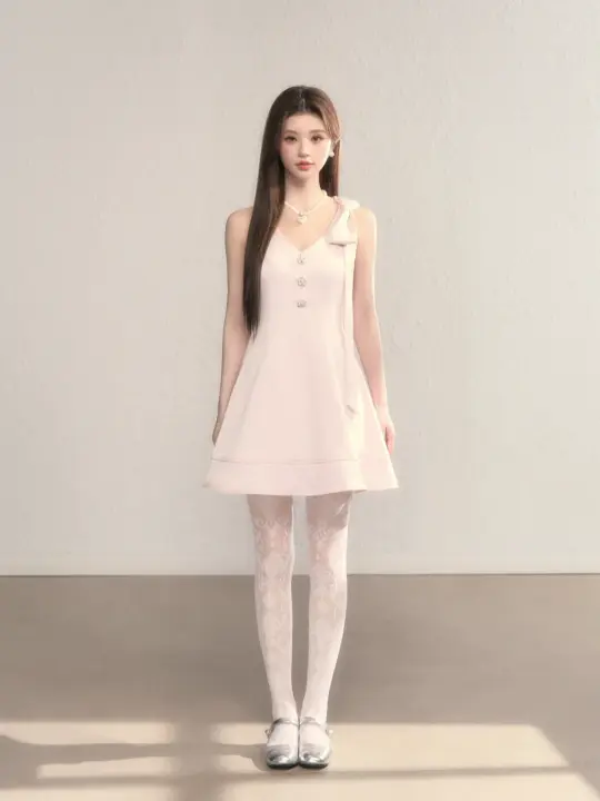 Pink suspender waist slim A-line short skirt homecoming dress R5410