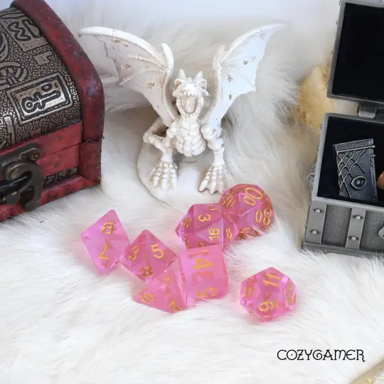 Pink Crystal Dice Set – 7-Piece Clear Pink Resin DnD Dice