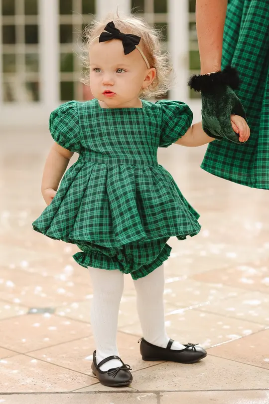 Baby Cupcake Dress Set in Bright Green Plaid