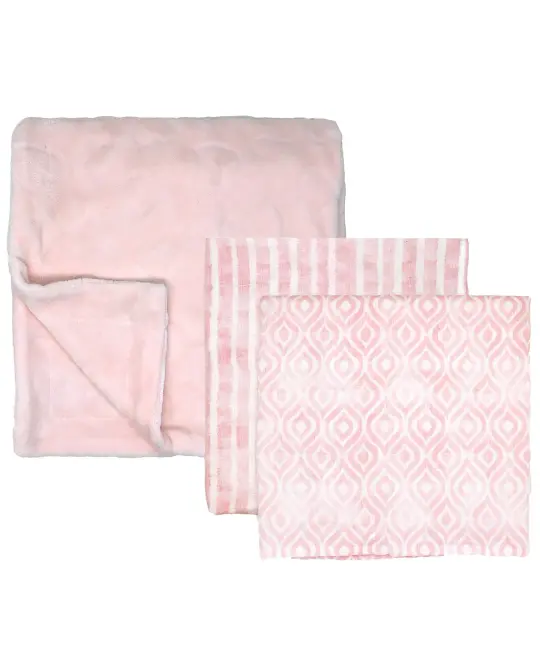 Amor Bebe Baby Boys and Baby Girls 3 Piece Luxury Plush Baby Blanket Gift Set, Pink