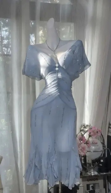 Sparkly Pale Blue Homecoming Dress , Flowy Chiffon Beaded Bodycon Short Prom Dress RS1600