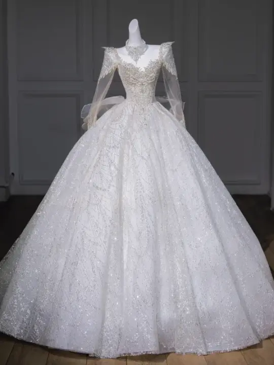 White diamond long sleeve slim waist puffy skirt long dress bridal gown R5814