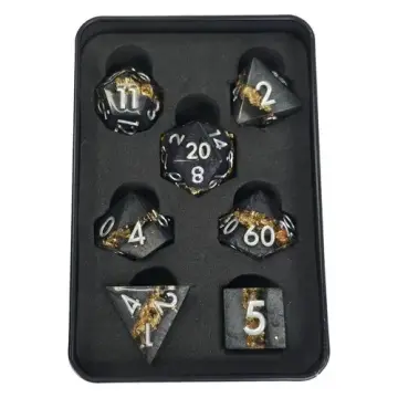 Charcoal gold leaf sharp edge DnD dice set with silver numbers in a Project Kirtrite metal tin