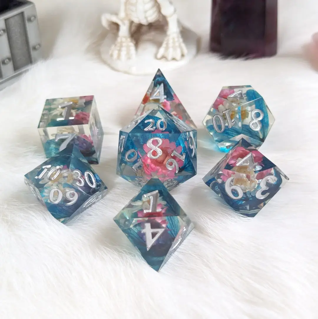 Flower Garden Dice Set – Pink, White & Blue with Real Dried Flowers