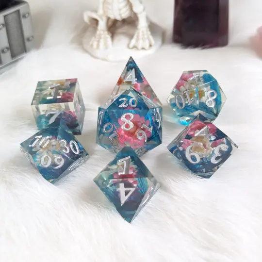 Flower Garden Dice Set – Pink, White & Blue with Real Dried Flowers
