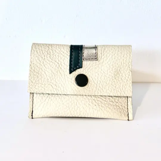 Off-white Green & Silver Leather Card Case/ Business Card Holder