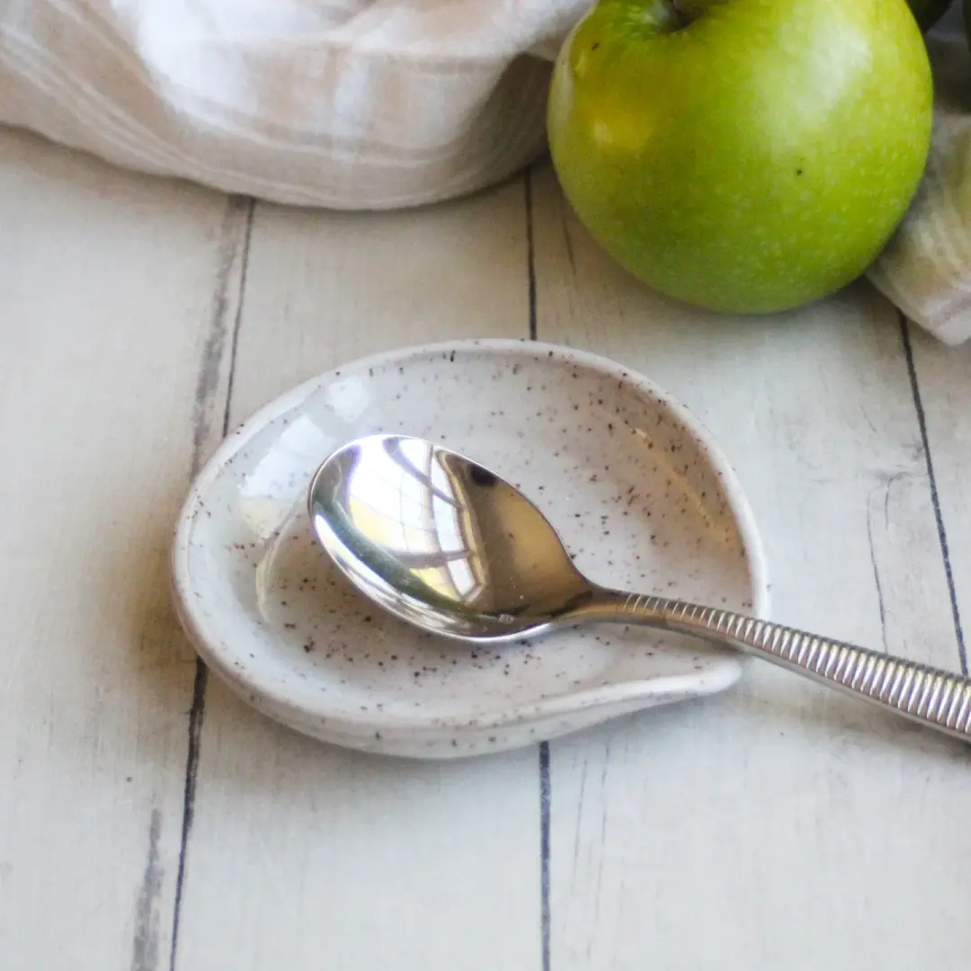 Medium Sized Spoon Rest in Rustic Speckled Brown Clay in Natural Beige Glaze, Made in USA