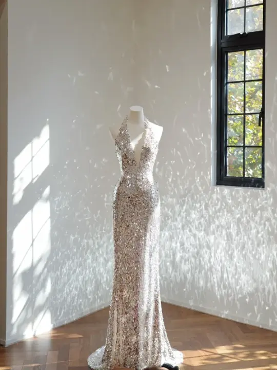 Silver sequined halter neck fitted waist long ball gown R8441