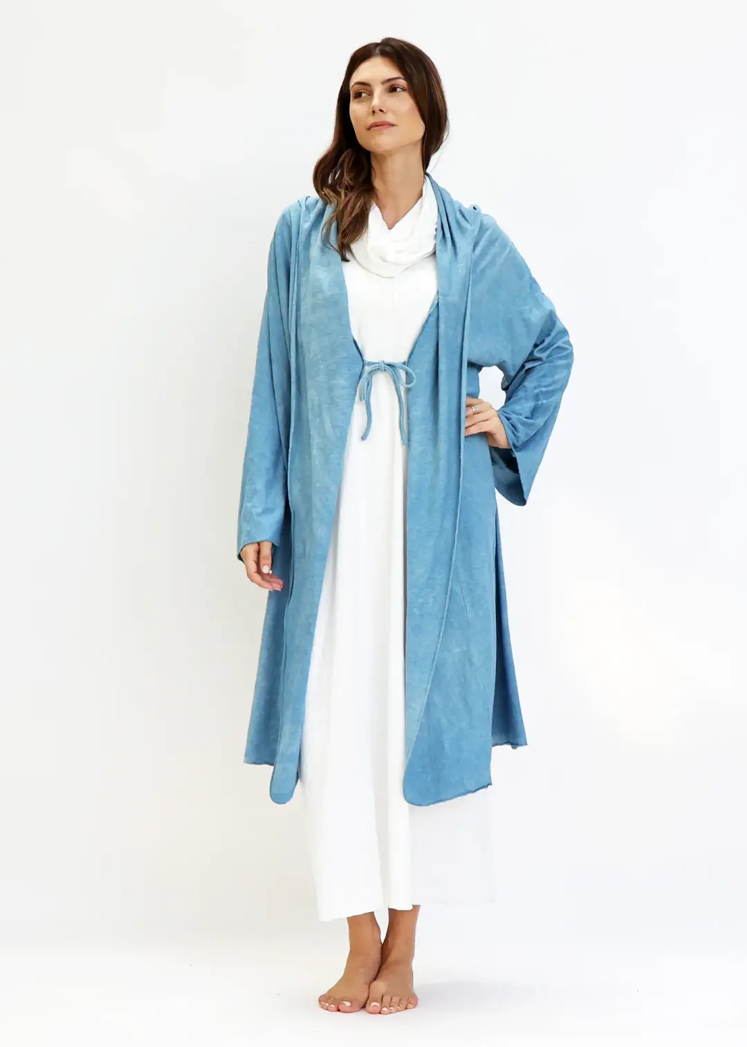 Hooded Kimono Tie Belt Below Knee Jacket
