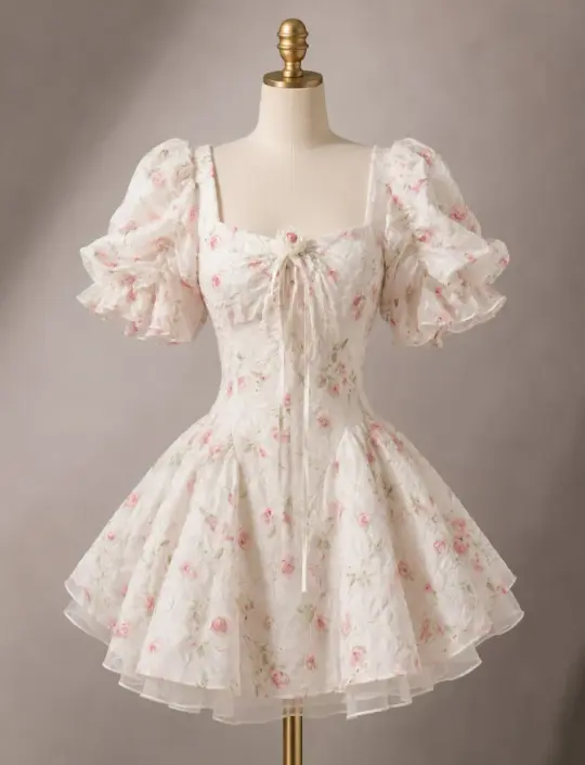 Fresh White Homecoming Dress , Floral Flowy Chiffon Corset Mini Summer Dress RS1512