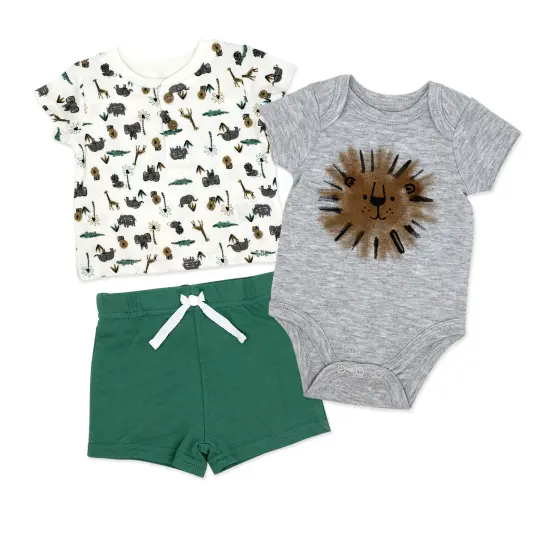 Baby Mode Baby Boys 3 Piece Lions and Safari Bodysuit, Shirt, and Shorts Set, 3M