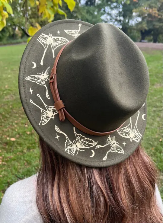 Olive Luna Moths Vegan Felt Wide Brim Hat