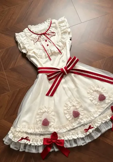Lolita Style Round Neck A-Line Dress with Lace Ruffles & Red Bow Detail R9145