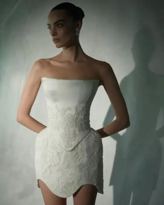 White tube top flower design A-line slim homecoming dress R2461