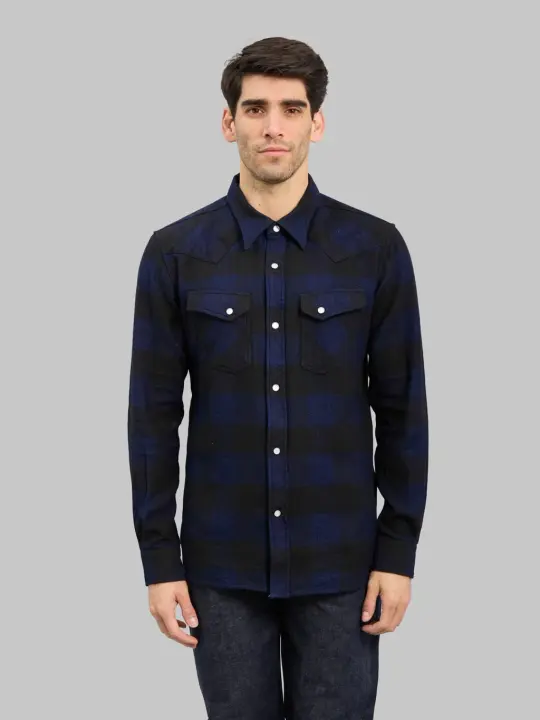 The Flat Head Indigo Block Check Western Shirt
