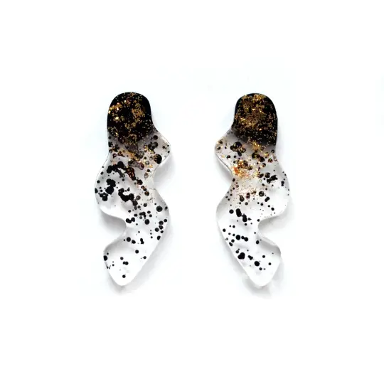 Black and Gold Glitter Ombre Squiggle Stud Earrings