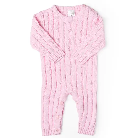 Baby Mode Signature Baby Boys and Baby Girls Long Sleeved Pink Cable Knit Romper, 0-3M