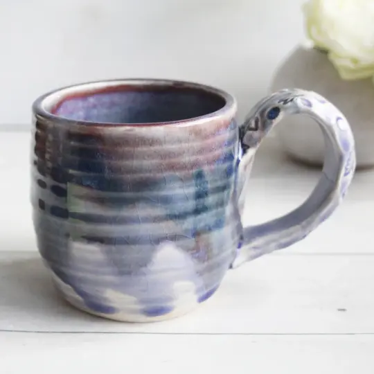 Watercolor Mug in Blue, Purple and Mauve Glazes, 15 oz. Made in USA