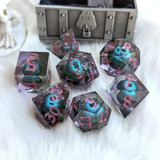 Mystic Eye Liquid Core Sharp Edge Dice Set – 7-Piece Purple Blue Green Eye DnD