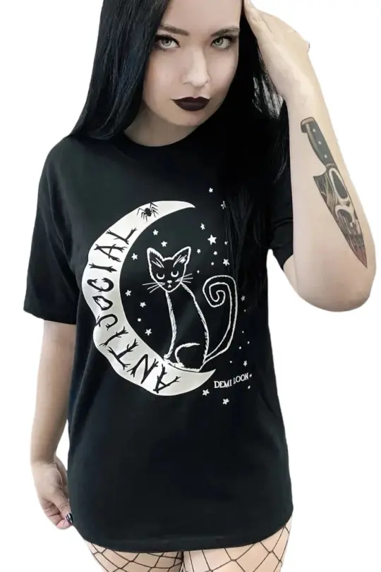 AntiSocial Cat Witch Moon Boyfriend SS Tee- Black