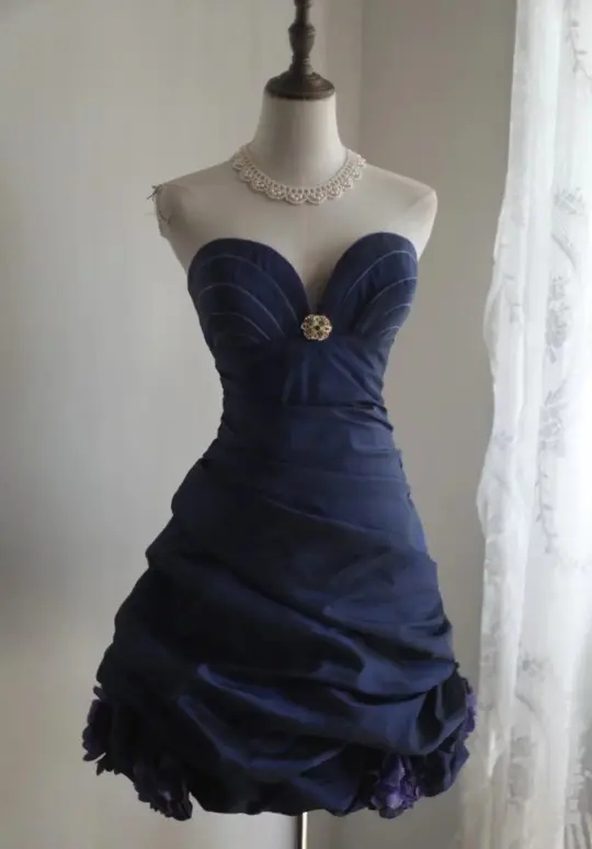 Navy blue tube top waist A-line puffy design skirt short homecoming dress R4152