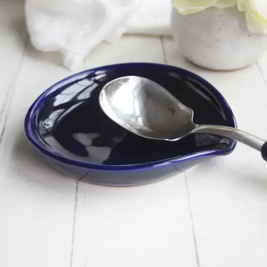 Large Navy Blue Spoon Rest, Handmade Pottery Utensil Dish, Made in USA