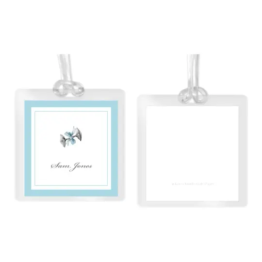 Boy's Watercolor Silver Rattle with Blue Bell Square Laminated Bag Tag