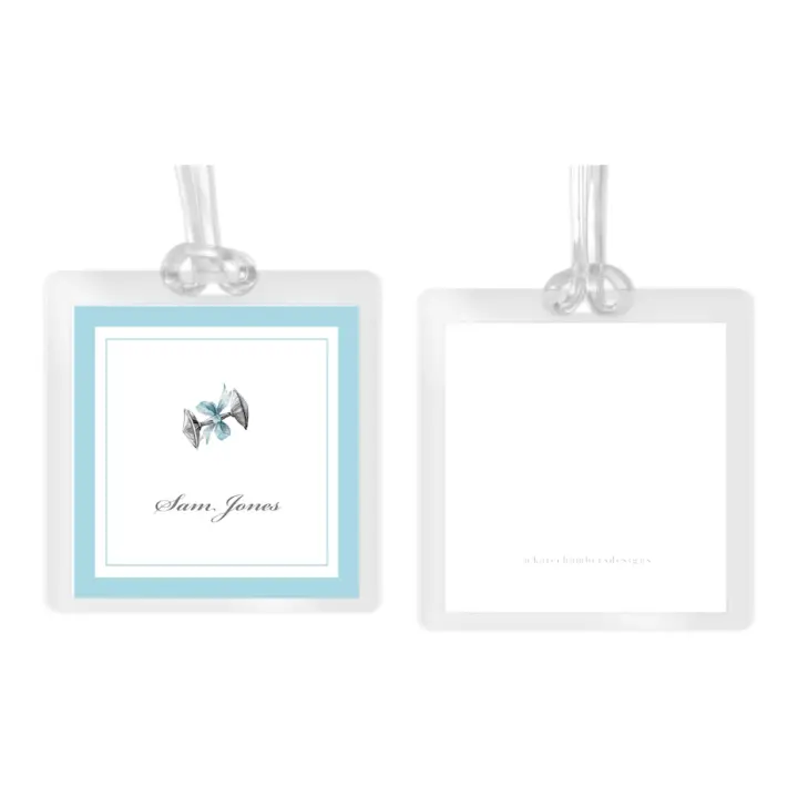 Boy's Watercolor Silver Rattle with Blue Bell Square Laminated Bag Tag