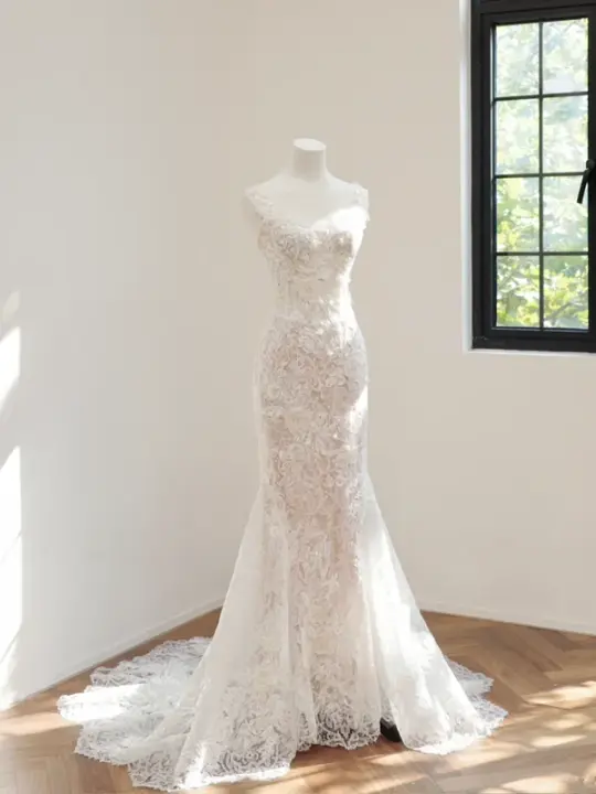 Off-white halter-neck fitted long lace ball gown, bridal dress R8480