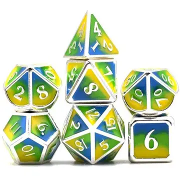 Three Colors Metal Dice Set – 7-Piece Green Blue Yellow Silver Trim DnD
