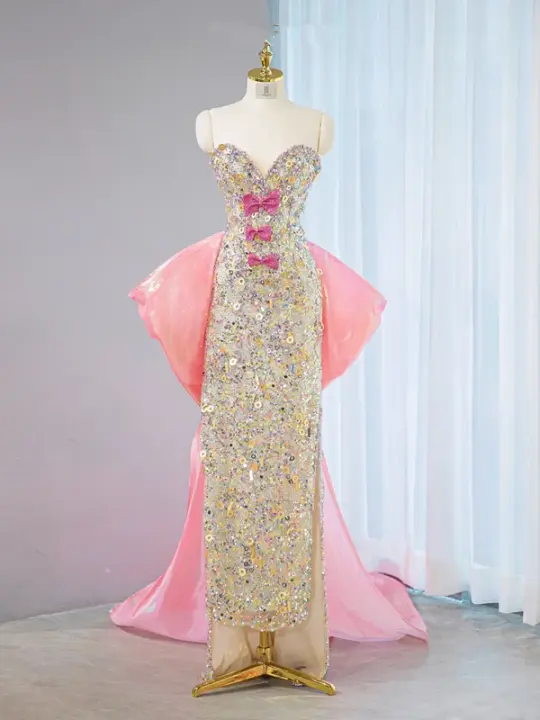 Gold sequined strapless fitted waist sexy long ball gown, bridal dress R9034