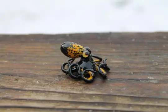 Black Glass Octopus With Yellow Spots – Handmade Mini Sea Sculpture