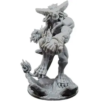 A photograph of an unpainted grey resin fantasy miniature of a massive, muscular demonic beast against a white background. The creature features a fierce, lion-like face with large, flat, sweeping horns and braided hair details. It is posed aggressively, leaning forward to throw a heavy punch, with stylized magical flames erupting from its forearms and the tip of its long tail. The figure is mounted on a textured circular base featuring rocky outcroppings.