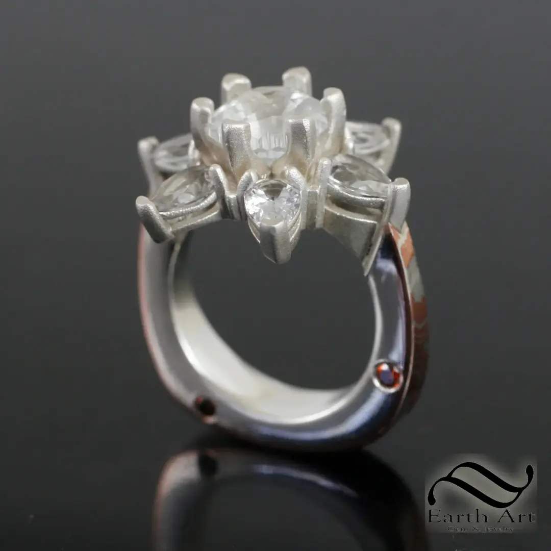 White Topaz Snowflake Ring with with Mokume Gane