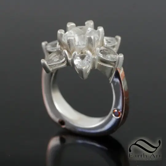 White Topaz Snowflake Ring with with Mokume Gane