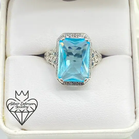 Sky Blue Ring, Size 9 Simulated Cushion Cut Gemstone, Vintage Style Art Nouveau Jewelry, Design#D64 - Ready to Ship