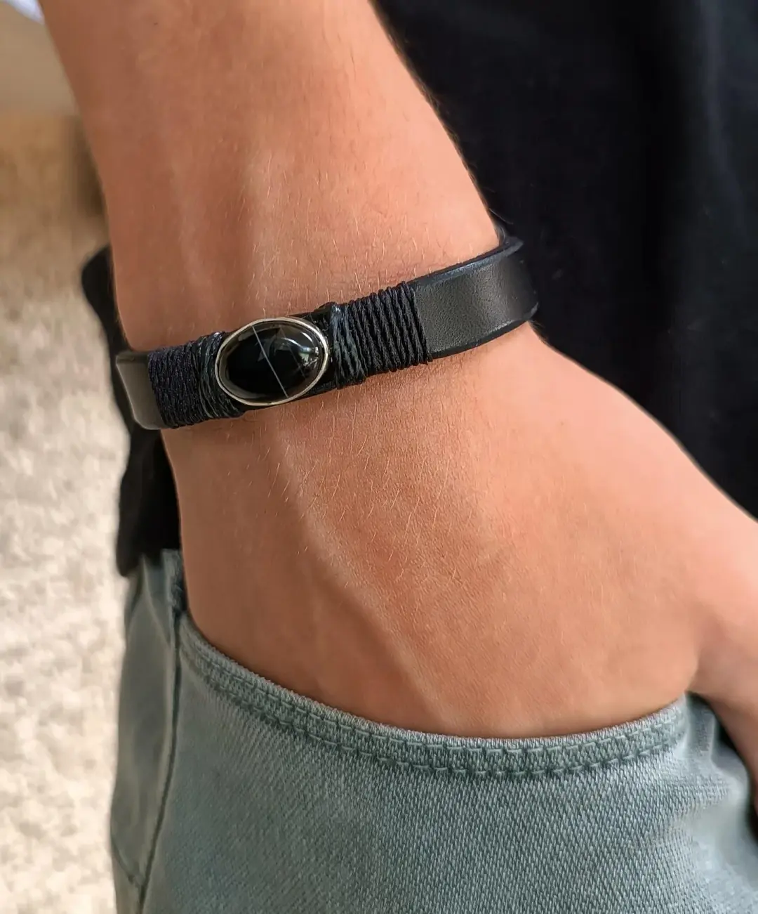 Black Obsidian Leather Bracelet | The Divider OOAK Sterling Silver Talisman