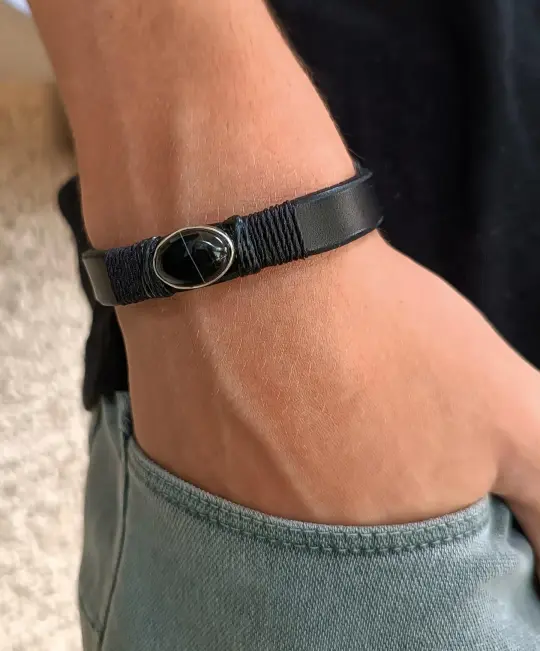 Black Obsidian Leather Bracelet | The Divider OOAK Sterling Silver Talisman