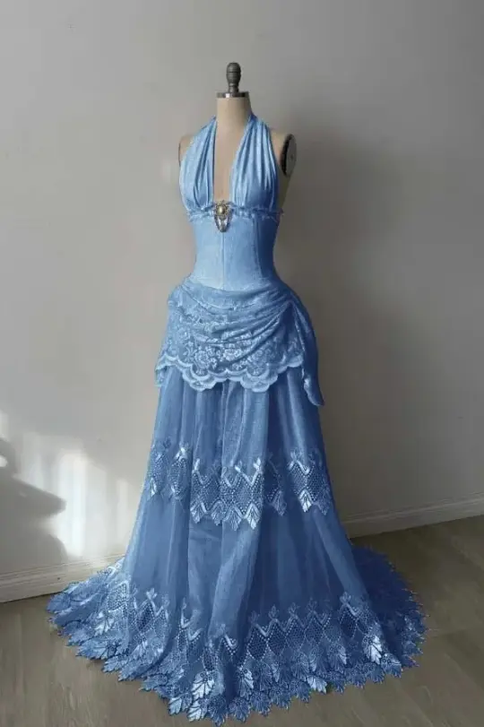 Elegant Blue Prom Gown , Pretty Draped Halter Maxi Evening Dress RS1348
