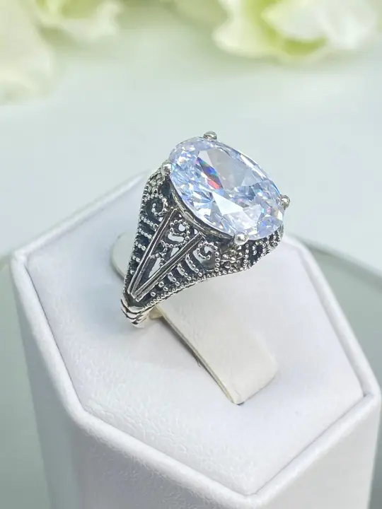White CZ Ring, Size 5, 6ct Oval Cut CZ, Silver Filigree Jewelry, D175 - Ready to Ship