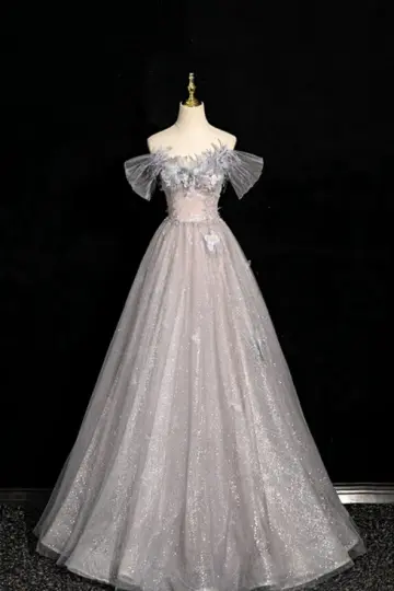 Elegant Sliver Glitter A-Line Off-the-shoulder Applique Corset Maxi Evening Dress Prom Dress RS589