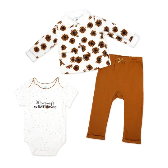 Baby Mode Baby Girls 3 Piece Wildflower Bodysuit, Jacket and Pants Set, 12M