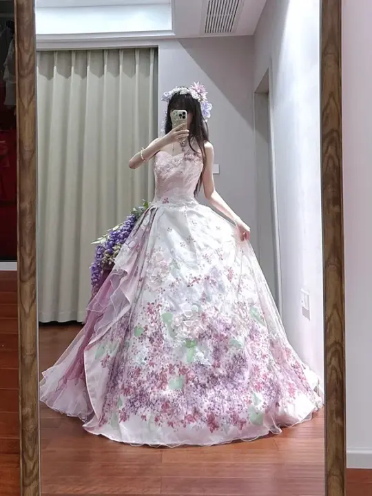 Light purple strapless fitted waist slim-fitting ball gown with a full skirt R8628