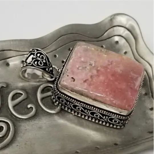 Natural Rhodochrosite Pendant in S925 Silver with Antique Detailing