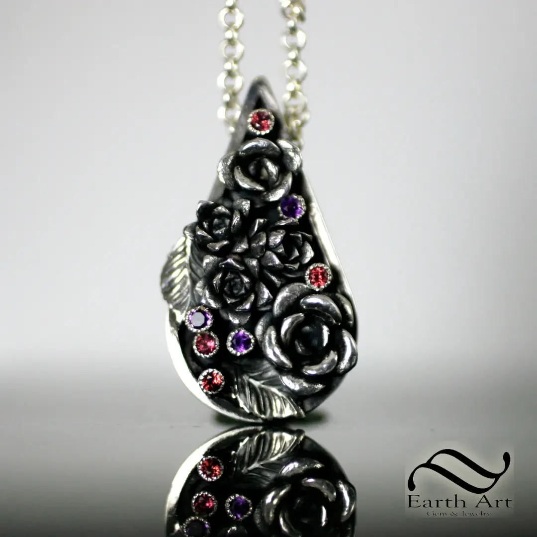 Succulent Garden Pendant - Sterling Silver, Amethyst and Garnet