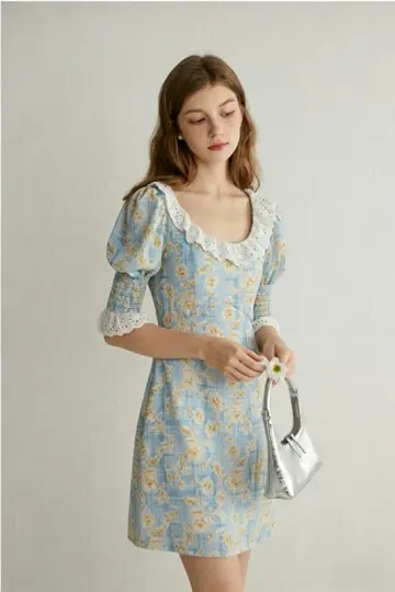 Blue Floral Print Mini Dress Women With Lace Trim Neckline And Puff Sleeves R9479